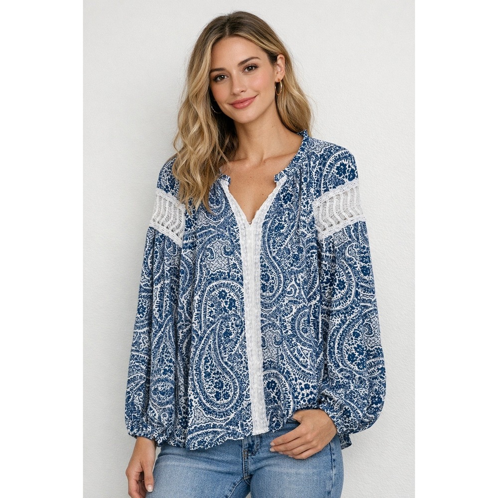 Cupio‎ Floral Top Boho Peasant Blue Floral White Lace Plus Size 2X NEW